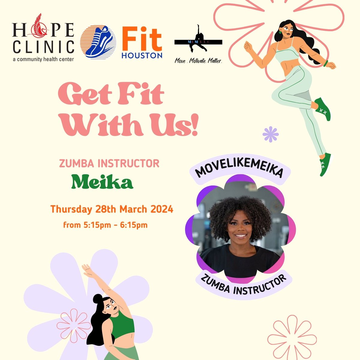 TODAY: 📢 We have a special guest, Meika, joining us for today's Zumba classes at 5:15 pm at our HOPE Alief location! Huge thanks to Houston Fit @Houstonfit @movelikemeika for their support in making this event possible. #Zumba #CommunityFitness #HOPEClinic #HoustonFit