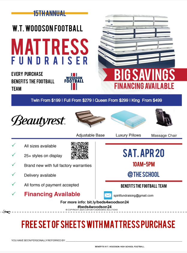 Woodson Football is holding our 15th Annual Mattress Sale at Woodson on April 20, 2024 from 10am-4pm! Sealy sleep Products at significant discount. See flyer below. Please share with friends and family!