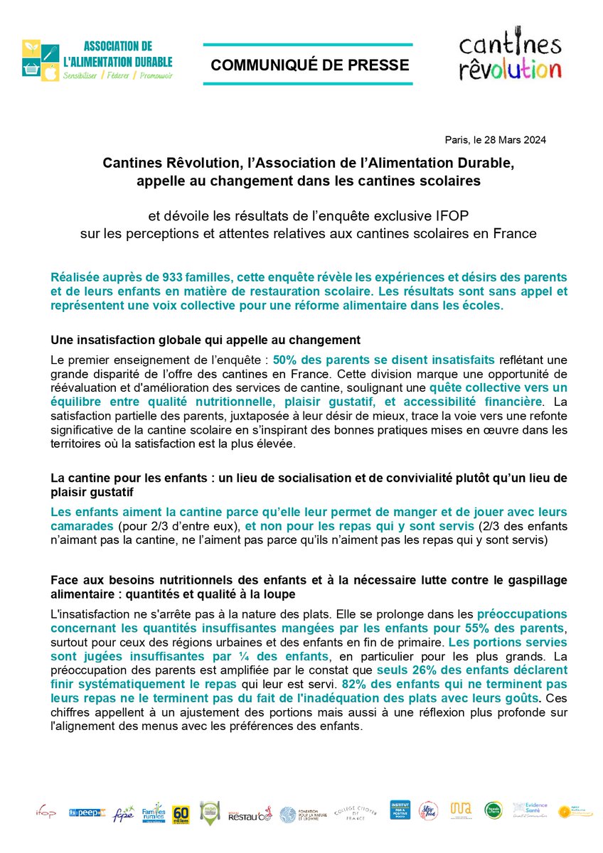 AssoAlimDurable's tweet photo. À quelques jours de la Conférence des Solutions pour la restauration collective, découvrez ce que les enfants et parents pensent de la cantine à travers les résultats de l'étude nationale que nous avons menée avec l'@IfopOpinion , à lire dans @60millions (N° 601/AVRIL 2024 https://t.co/d8s91sRjki
