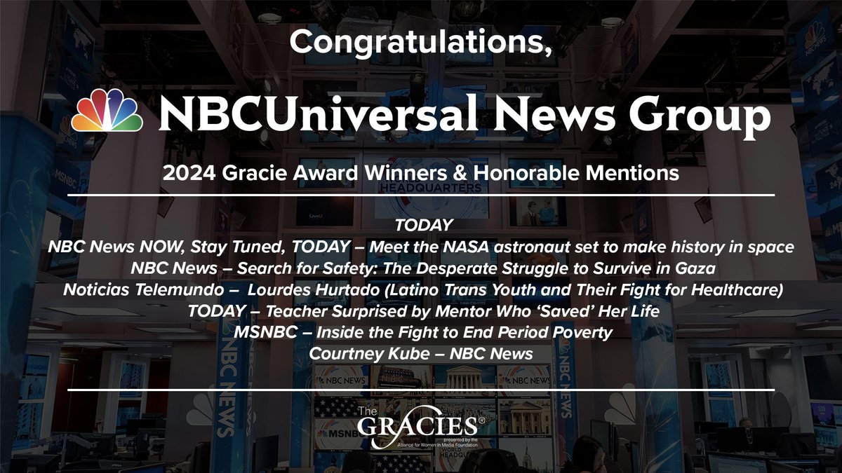 We are proud to share that @NBCUniversal News Group received a total of seven Gracie Awards and honorable mentions. #TheGracies
