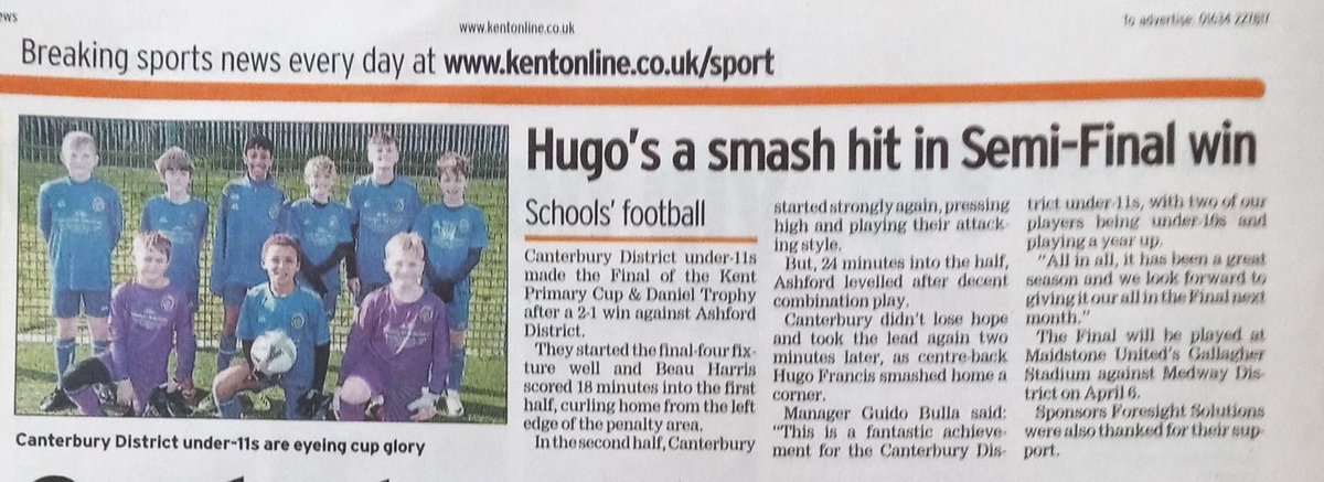 Canterbury District U11s made the news 😊we would like to share this achievement with the Canterbury Community Schools, the parents, our sponsor <a href="/ForesightSol/">Foresight Solutions Ltd</a>, the Kent Schools FA for organising the fixtures and much more