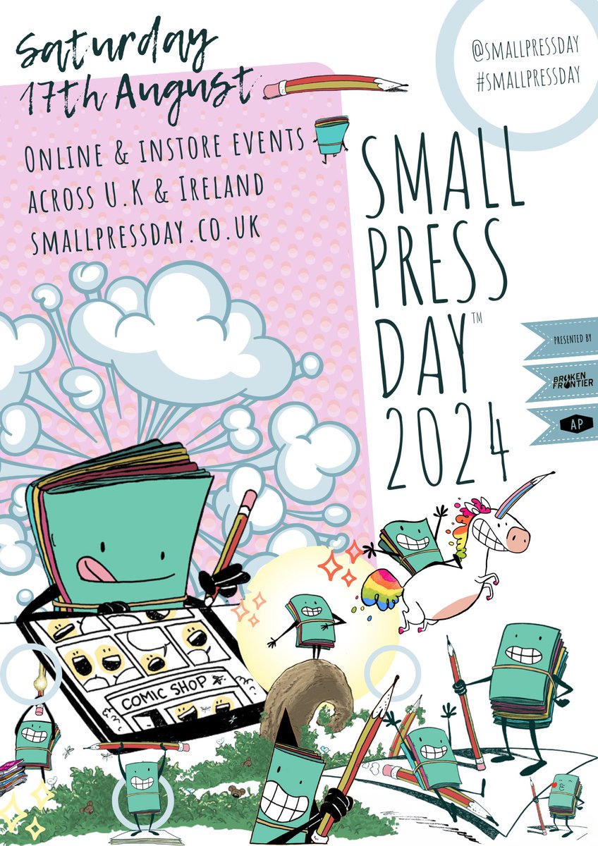 DRUMROLL PLEASE🥁🥁🥁 Save the date for #SmallPressDay 2024 ... SATURDAY 17TH AUGUST! TELL EVERYONE!!! More info coming next week - in the meantime introducing this year's official poster, celebrating 9 years of our mascot Paige - what a cutie 😍