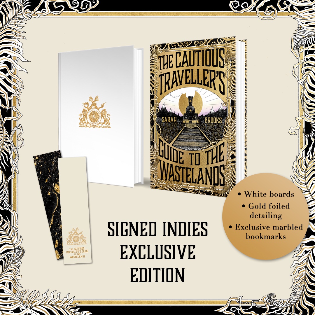 We are delighted to share the independent bookshop exclusive edition of The Cautious Traveller's Guide to the Wastelands by @Sarah_L_Brooks, signed by Sarah and complete with exclusive white boards and gold foiling detailing! 🚂 Pre-order now: geni.us/CautiousTravel…