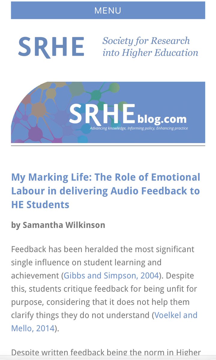 My new blog post is out in @SRHE73 surrounding the emotional labour involved in delivering audio feedback ☺️ srheblog.com