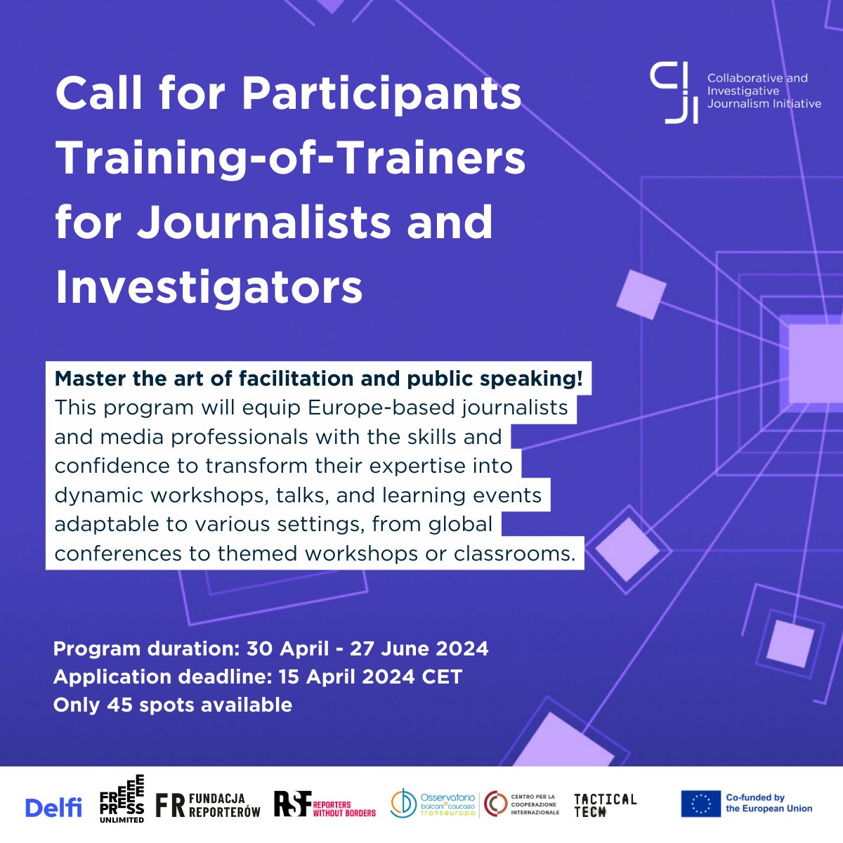 Europe-based journalists & investigators, ready to expand your professional horizons🌟? Apply for this Training of Trainers & gain the skills to become a trainer or a speaker & transform your expertise into dynamic workshops & talks. 📅April 15 #CIJI ➡️exposingtheinvisible.org/en/news/call-f…