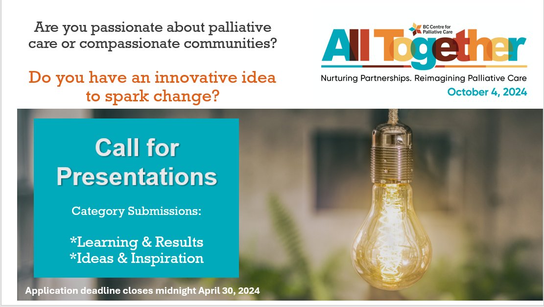 Inviting health professionals, researchers + community organizations to submit your innovative work for presentation at #AllTogether2024 October 4, 2024. Find Symposium & Submission details here: ow.ly/7I8V50QRN92 #Partnerships @CompassionateCommunities #Palliative