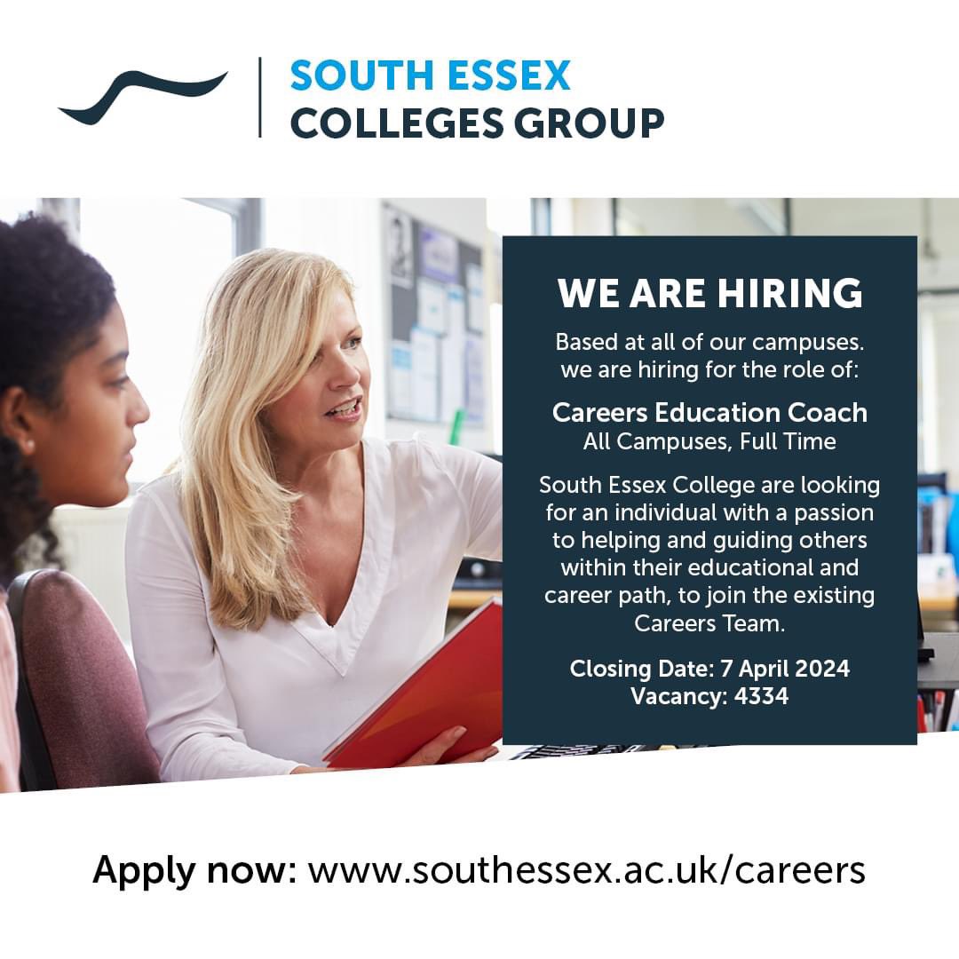 South Essex College are looking for an individual with a passion to helping and guiding others within their educational and career path, to join the existing Careers Team. Find out more and apply here: jobs.southessex.ac.uk/rEcruit/Recrui…