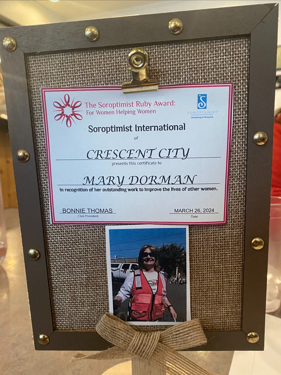 Red Cross volunteer Mary Dorman recently received the #CrescentCity Soroptimist 2024 Ruby Award for her work during the Del Norte County fires last year. Congratulations and THANK YOU, Mary! #helpcantwait