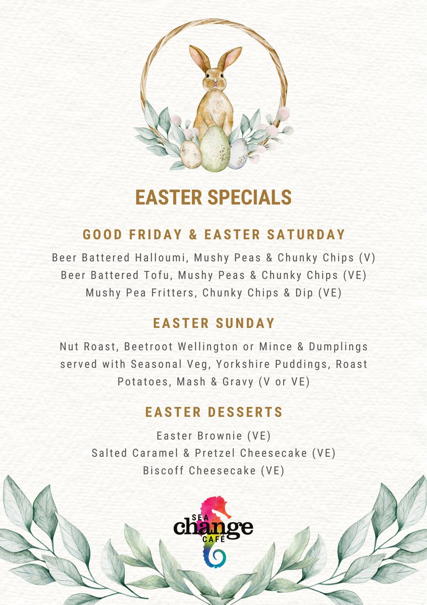 🐰🌷 We've got your Easter feast covered! 🌼🐤 Don't forget you can always book a table or slot for collection this Easter weekend! 📞 0191 454 1535 📧 info@sea-change.co We're open: 🐣 Good Friday: 10 am - 6 pm 🐣 Easter Saturday: 10 am - 4 pm 🐣 Easter Sunday: 10 am - 4 pm