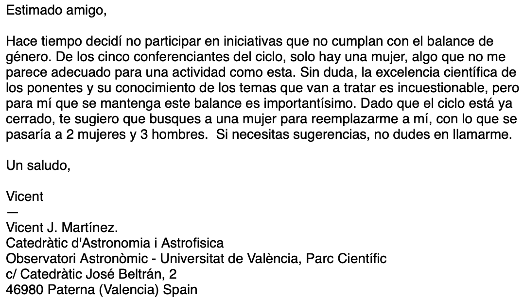 Por si alguien necesita una carta modelo para responder si te invitan a un panel o a un ciclo así - #allmalepanel (enviada hace solo unos meses, creo que es respetuosa pero contundente). <a href="/lauramorron/">Laura Morrón Ruiz de Gordejuela ☢️📚📜</a> <a href="/PasGarciaM/">Pas Garcia Martinez</a> <a href="/GEMF_RSEF/">Grupo E. "Mujeres en Física" RSEF</a> <a href="/AnaBayes/">BayesAna (Anabel Forte) 🏳️‍🌈🧚🏼‍♂️🍉</a> <a href="/sruedapascual/">Silvia Rueda Pascual</a> @Silviamn75 @bynzelman