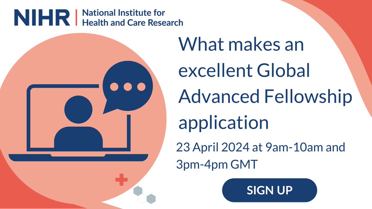 Are you interested in applying to the Global Advanced Fellowship? Attend our webinar to understand what makes a good application. The session will take place twice on 23 April 2024: 🟥 9am-10am GMT 🟦 3pm-4pm GMT Sign up to the webinar: nihr.ac.uk/funding/nihr-g…