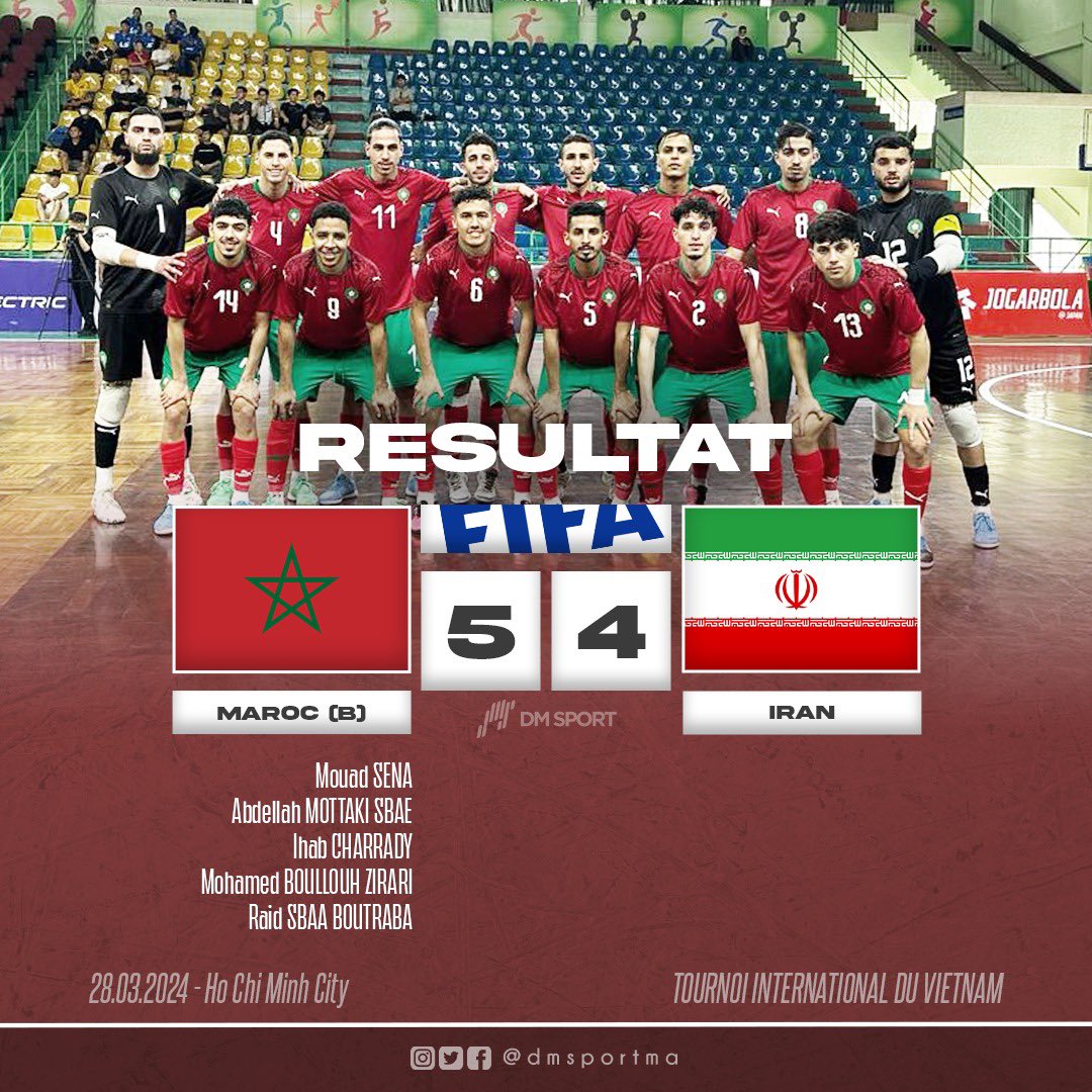 ✅🇲🇦 Les Lions futsal débutent le tournoi par une victoire face à la 7ème nation mondiale 🇮🇷 Menée 2-0, l'équipe nationale futsal (B) s'est imposée aujourd'hui face à son homologue iranien (A) sur le score de 5-4 dans le cadre de la première journée du Tournoi international du…