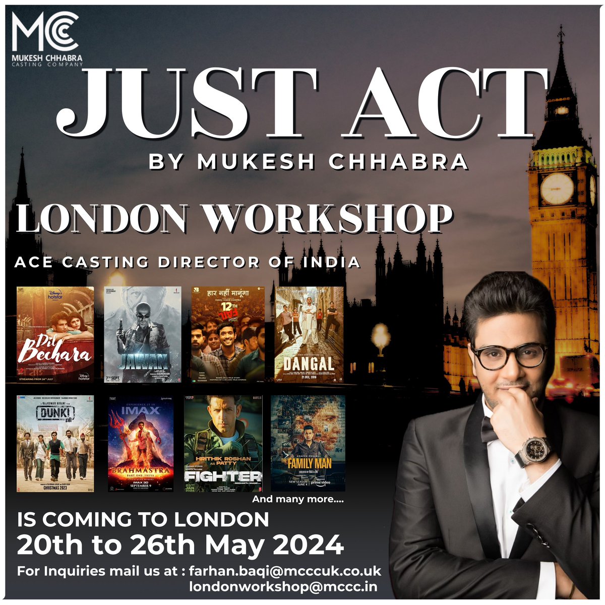 Ready to dive into the world of acting? 🎬 Join us at the exclusive 7-day workshop with 🌟 Mukesh Chhabra🌟 in LONDON Starting from 20th to 26th May 2024 Limited spots available, so grab yours now!🎭✨ For Enquiries mail us at : farhan.baqi@mcccuk.co.uk londonworkshop@mccc.in