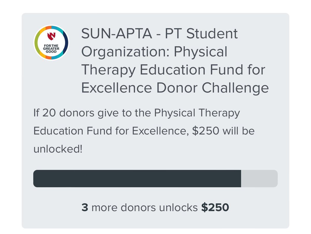 Just 3️⃣ more donors needed! Help us unlock the challenge from our PT student organization. Donations begin at $5! 🏆 #FortheGreaterGood @unmccahp @UNMC_AA @UNMCFund @unmc go.unmc.edu/ptgiving 👇👇👇👇👇👇