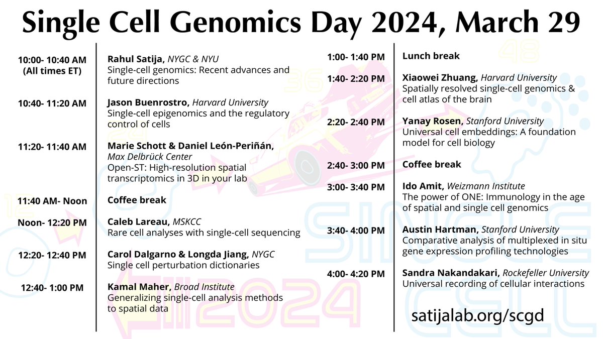 Single Cell Genomics Day starts tomorrow at 10AM ET! Come for the awesome keynotes (@JD_Buenrostro , Xiaowei Zhuang, @IdoAmitLab) and to learn about our favorite new methods and trends for the field in the last year. All talks streamed on Youtube and satijalab.org/scgd