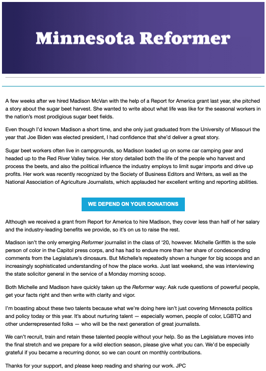 The Reformer sent out this funding request to our newsletter subscribers this morning. Please consider donating to support our journalism: minnesotareformer.com/donate/