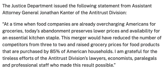 🚨BIG: @JusticeATR just secured another HUGE win for kitchen tables (literally) by stopping a merger that would have increased vegetable prices for consumers. 'Today’s abandonment preserves lower prices for an essential kitchen staple,' says AAG Kanter.👇 justice.gov/opa/pr/fresh-e…