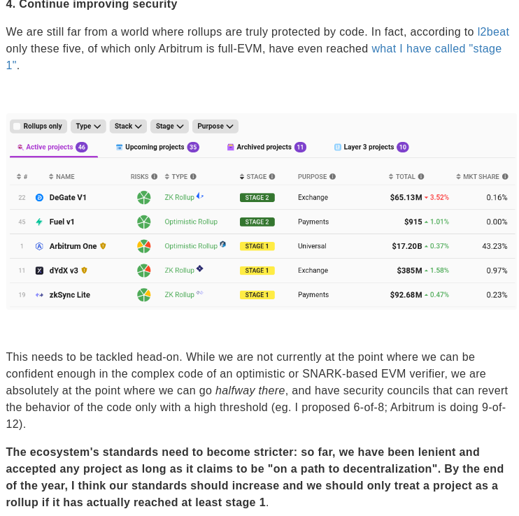 Fourth, continue improving on security. We need to raise our standards. By the end of the year, I think we should only refer to rollups that are at least stage 1 as 'rollups'. Moving to stage 2 (fully trusting code) is the next step and will require moving carefully.