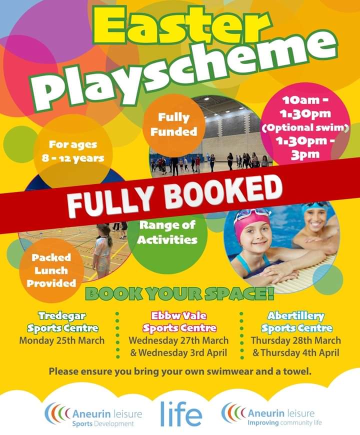 All our Playschemes & our Football Camp are now fully booked! Spaces are available for our Sports Development Extravaganza at Tredegar Sports Centre on Sat 6th April from 10.45am - 2pm for ages 8-12. Booking is essential - call us on 01495 353395 to book your place