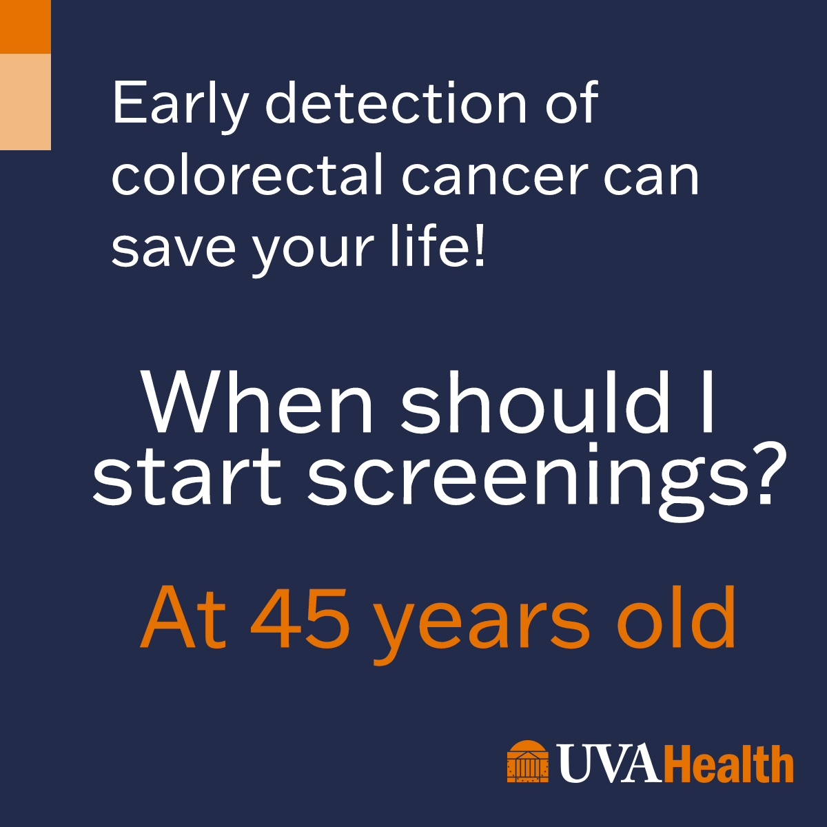 Start colon cancer screening by age 45. You may need to start earlier if you have a higher risk for colon cancer, including family history. Learn more about our screening options: bit.ly/3T4hlbH #ColonCancer