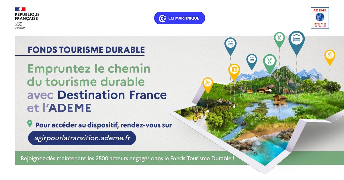 La CCI Martinique, partenaire de l'<a href="/ademe/">ADEME</a> sur le dispositif "Fonds Tourisme Durable" du plan Destination France de l'Etat accompagne les entreprises qui souhaitent amorcer leur transition écologique en leur proposant une aide financière.

Plus d'infos ➡️ bit.ly/3v1qVUf
