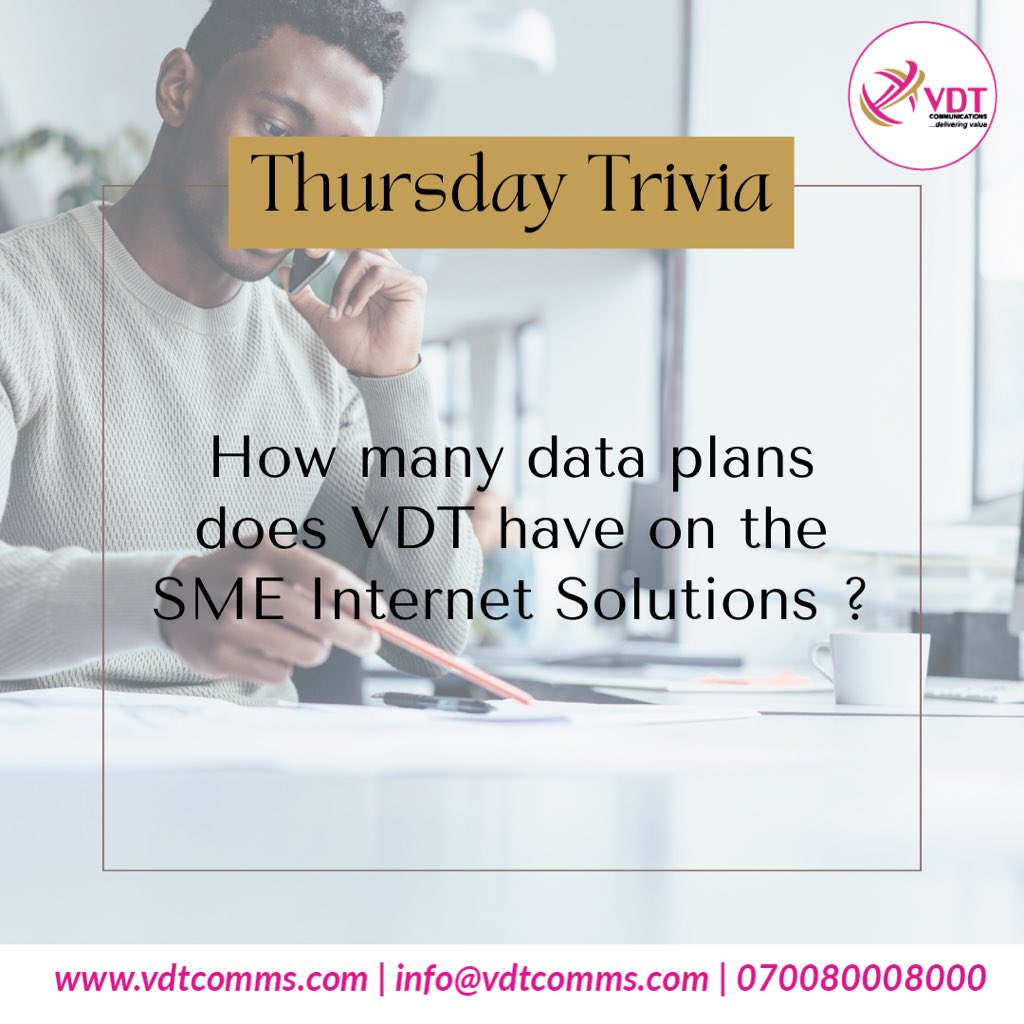 vdtcomms's tweet image. Thursday Trivia at VDT Communications today. How much do you know about our SME Internet Solutions?

#vdtcomms #dataplans #smesolutions
