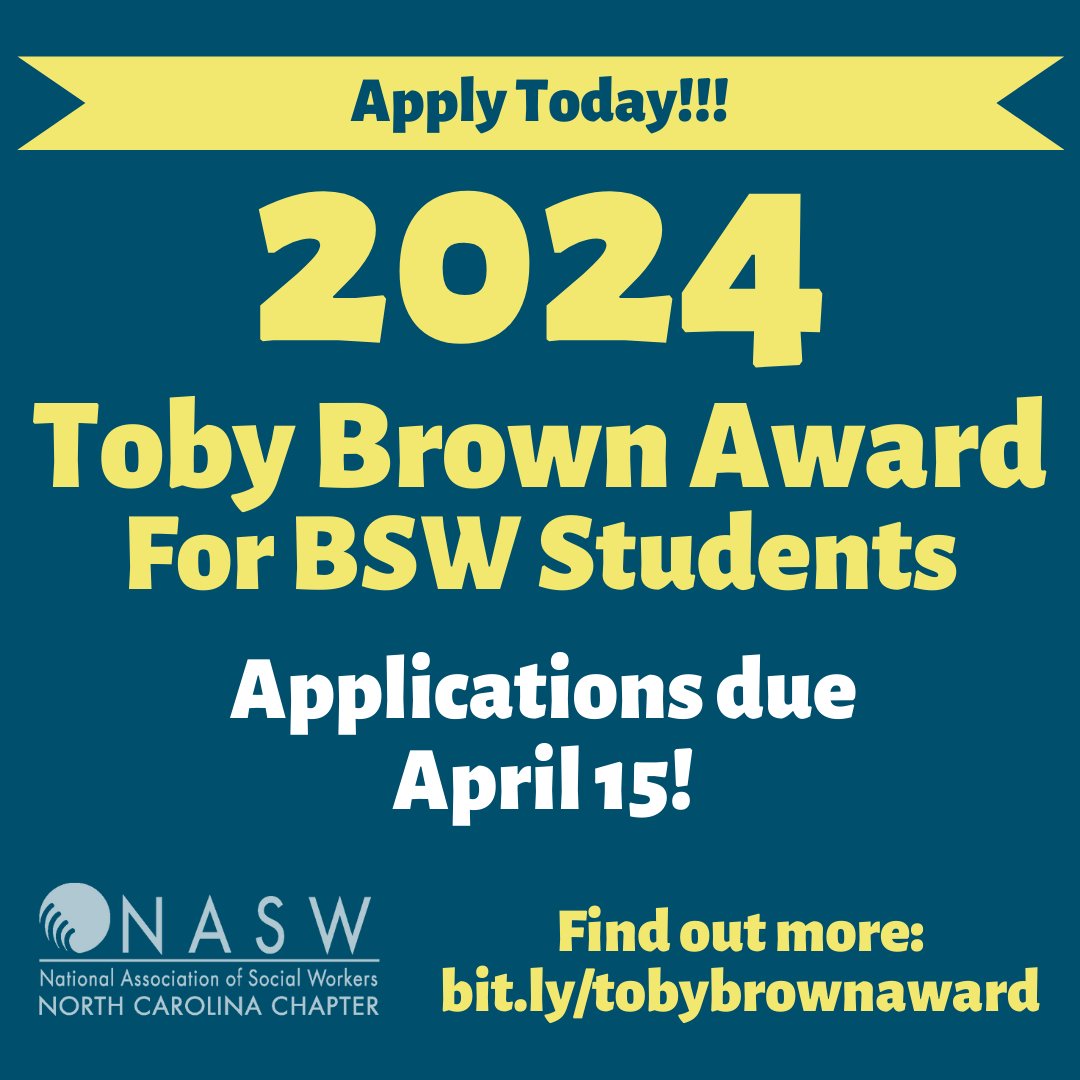 Attention graduating BSW students... apply for the NASW-NC Toby Brown Award! This award comes with a cash award of $1,500 AND two years of NASW membership! More info and to apply: bit.ly/tobybrownaward #naswnc #nasw #bsw #socialwork #socialworker #socialworkers