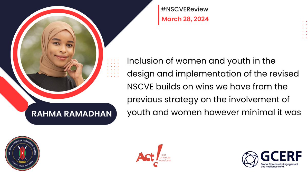 'Inclusion of women and youth in the design and implementation of the revised NSCVE builds on wins we have from the previous strategy on the involvement of youth and women however minimal it was.' @_RahmaRamadhan @CHRIPSKE 

#NSCVEReview #SecureKe #TuweTayariKuilinda #BeVigilant