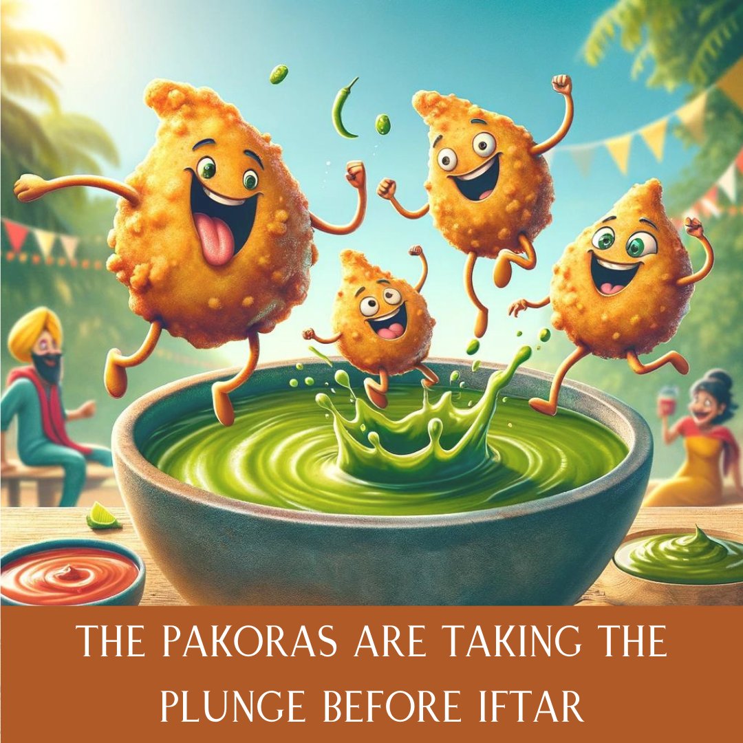 thekitchenguide's tweet image. It's a deep dive into the chutney pool! 🏊♂️ #PakoraPlunge #ramadan #kitchenhumor #pakora