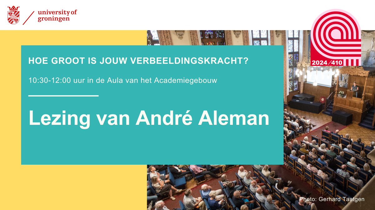 Op zaterdag 25 mei starten we de Alumnidag, in de lustrumweek van de @univgroningen, met een lezing van André Aleman, hoogleraar cognitie neuropsychiatrie (Faculteit Medische Wetenschappen/@umcg). Deelname is gratis, dus meld je nu aan: rug.nl/alumni/for-alu…