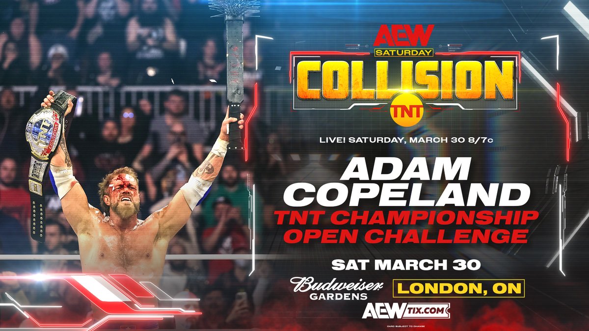 THIS SATURDAY @BudGardens | London, ON #AEWCollision LIVE 8pm ET/7pm CT | TNT The “Cope Open” is back, Newly crowned @TNTDrama Champion @RatedRCope will put his championship on the line THIS SATURDAY on #AEWCollision LIVE 8pm ET/7pm CT on TNT!