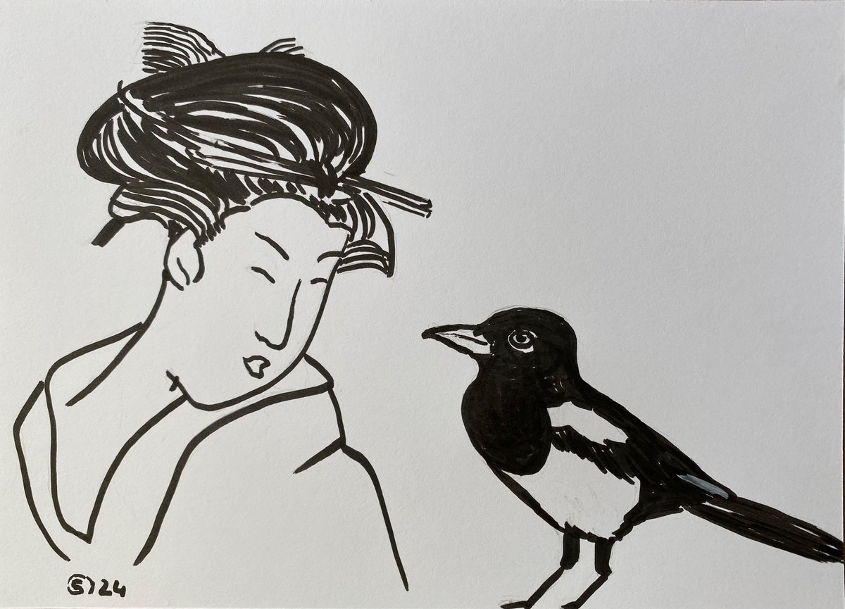 Black and White Crossover 😉 of #PortraitChallenge & #birdwhisperer Japanese art & Magpie #drawing with inkpen #art #artist #kleinekunstklasse #gründonnerstag #karfreitag #inkpen #thursdayvibes #thursdaymorning @StudioTeaBreak @BirdWhisperers