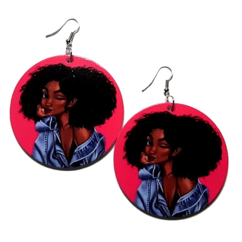 Melanin Girl Wink Hot Pink Statement Dangle Drop Wood Earrings tuppu.net/a8bba3c8 #Etsy #melaninfashion #fashionjewelry #explore #blackownedbusiness #WoodEarrings