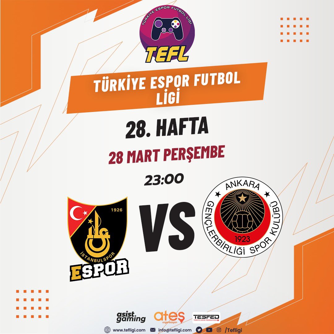 Türkiye Espor Futbol Ligi 2023-2024 sezonu 28. hafta maçımız bu akşam!

Rakibimiz İstanbulspor.

📺 Bu haftaki canlı yayın akışında bizim maçımız yer almıyor.

#HaydiGençler <a href="/kirmizikara/">Gençlerbirliği SK</a>