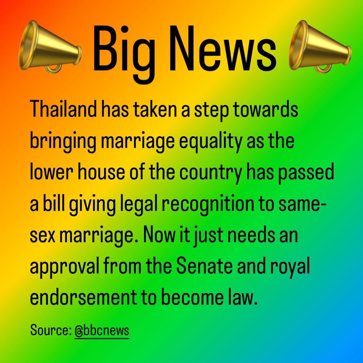 Indeed an inspiring news coming from Thailand, the lower house has passed a bill to give legal recognition to same sex marriage. Source: @BBCWorld #theqknit #queer #thailand🇹🇭 #thai #thailand #marriage #marriageequality #samesexwedding #samesexmarriage #rights #lgbtqia