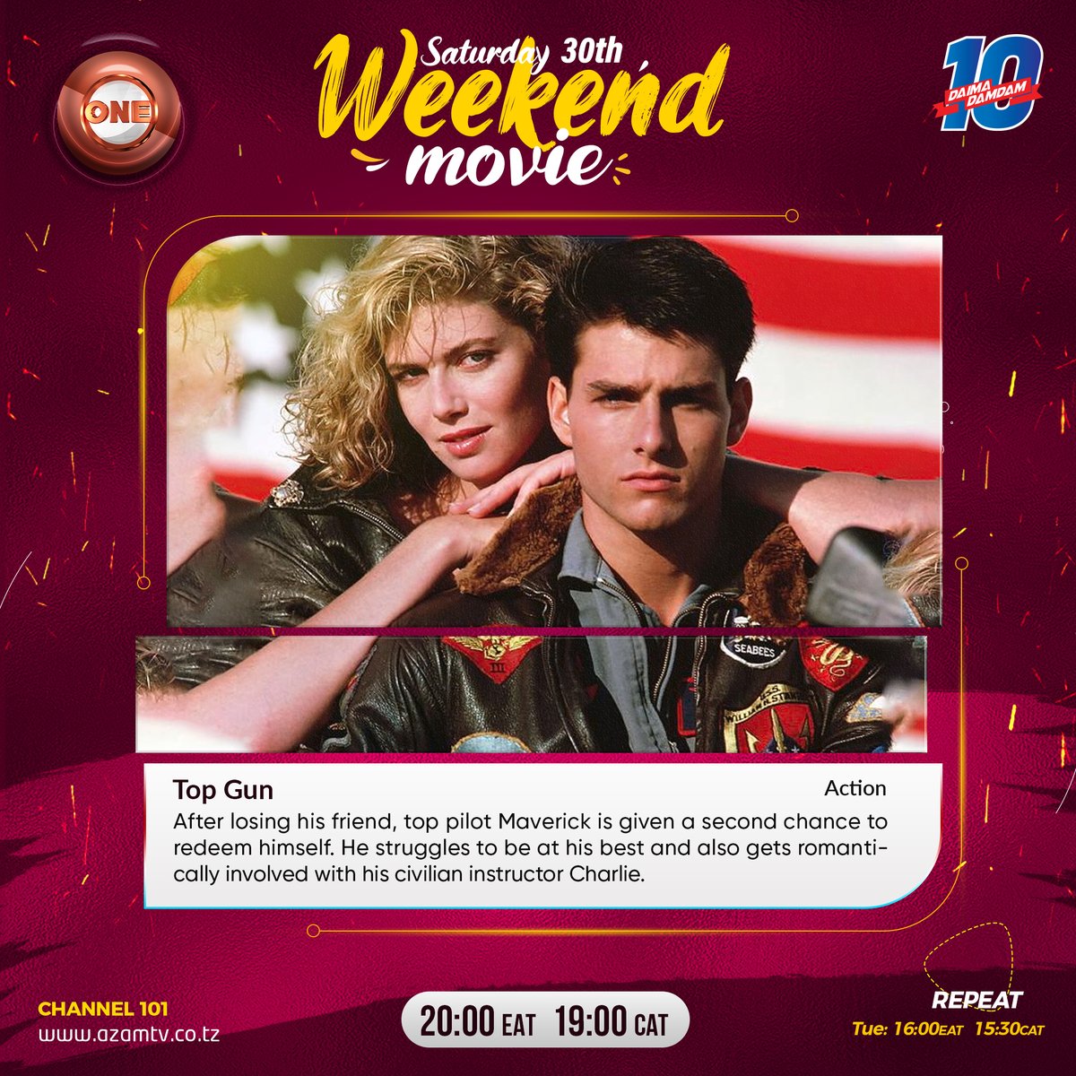 Enjoy tonight's Weekend Movie  'Top Gun' on 📺 #AzamOne Channel 101 #AzamTV decoder at 19:00 CAT.
#Azamtv🇿🇼 #entertainmentforeverybody
