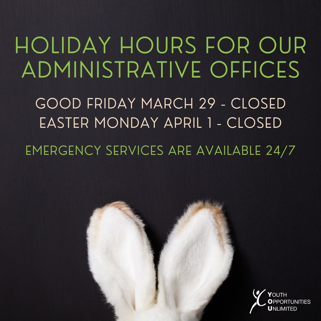 Our admin offices will be closed on Fri. March 29 & Mon. April 1 in recognition of the holiday. If you are a youth between the ages of 16-24 who are experiencing homelessness or in immediate and urgent need of a safe place to sleep, eat & shower call (519) 686-1038. #ldnont