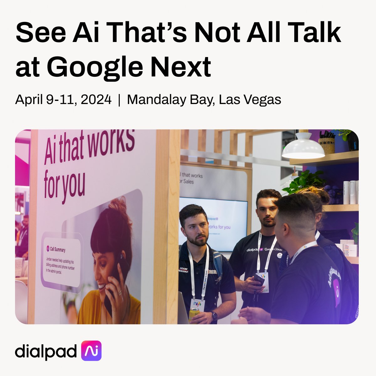 💥 Dive into the future with us! Experience the magic of Dialpad Ai firsthand with a live demo. 📍 Swing by booth #510 - we can't wait to meet you! 🤝 Book a time onsite here: bit.ly/3IHKCUH #DialpadDemo #TechInnovation