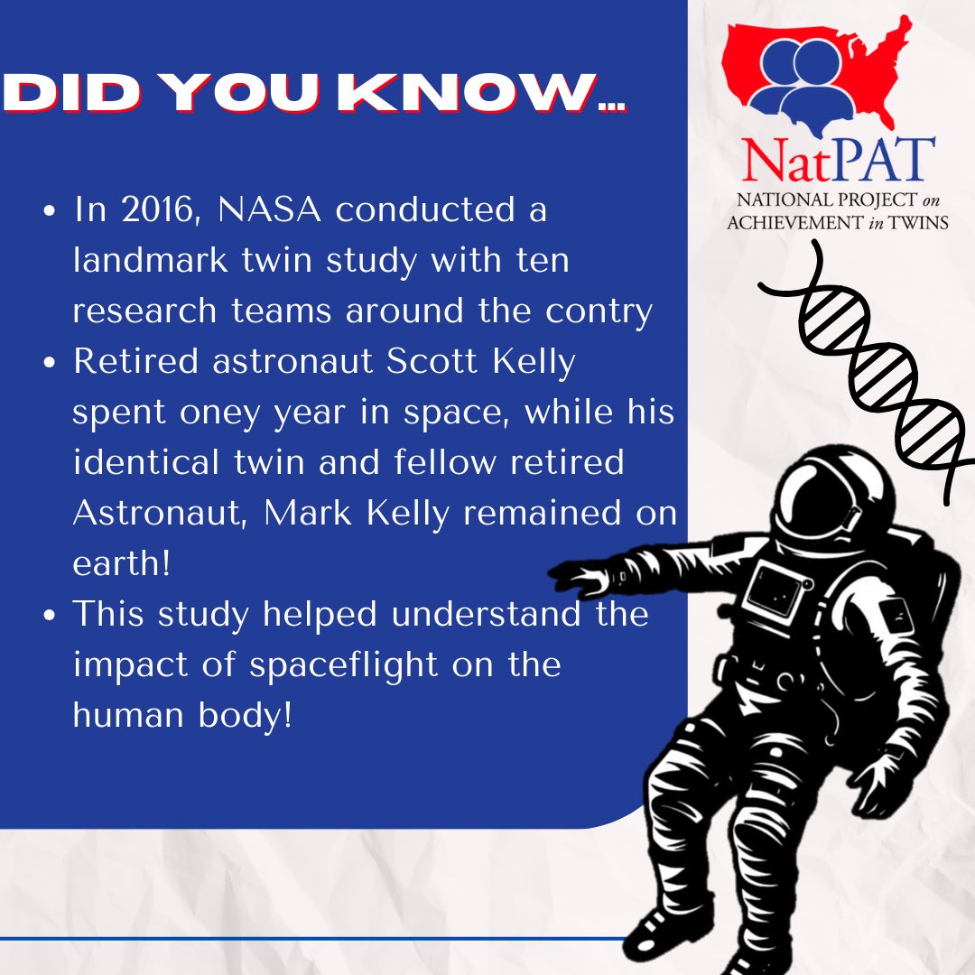 Scott and Mark Kelly were the first relatives to be selected as astronauts in NASA history! This study can help guide researchers in future biomedical research related to space. #twins #natpat #psychology #twinresearch