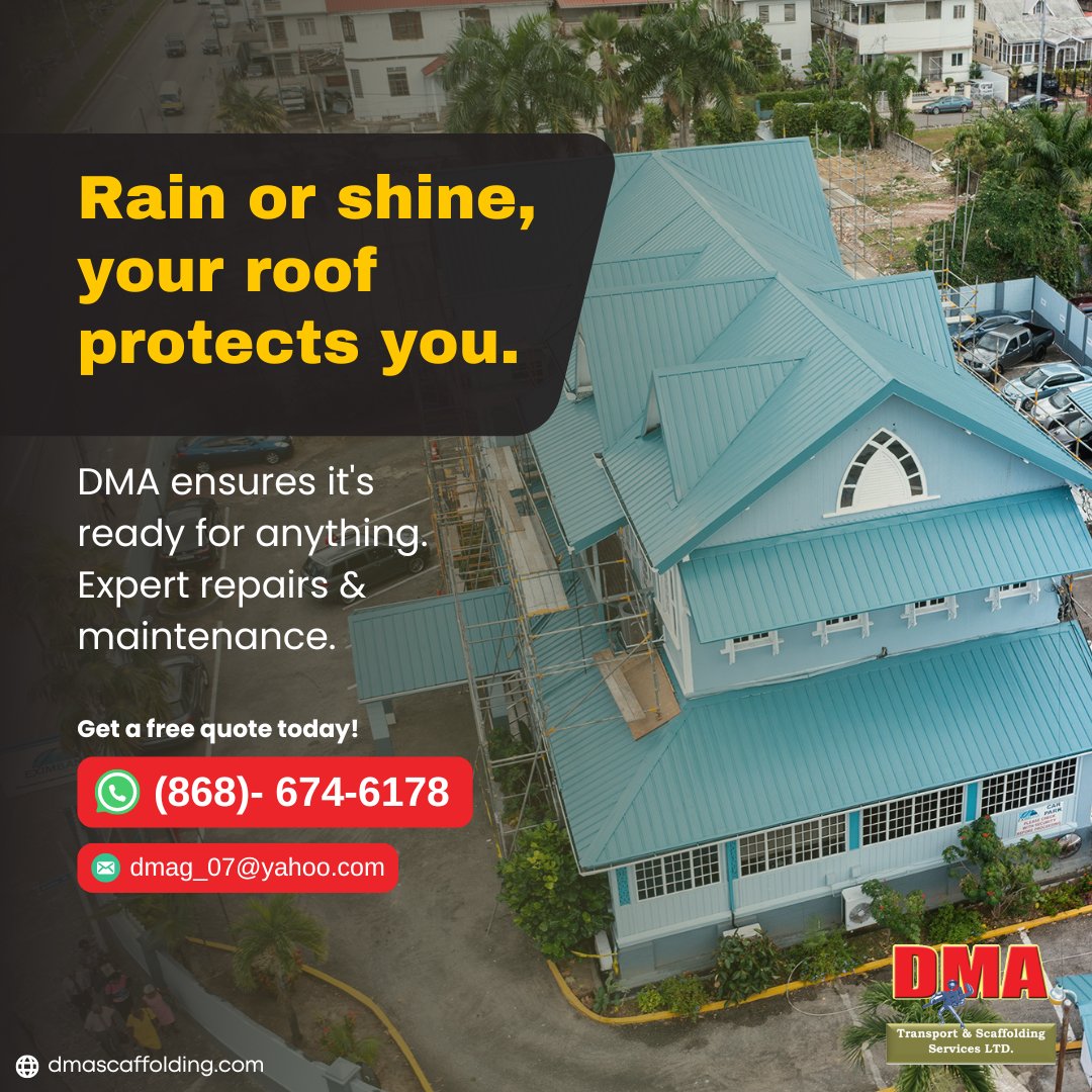 Shield your home from nature's fury with DMA's professional roof repair and maintenance services. 🏠⚒️ 

Don't allow a leaky roof to dampen your spirits – reach out to us today! 🛠️

#RoofRepair #HomeMaintenance 
.
Call us today! 📞 (868)-674-6178
Visit - dmascaffolding.com