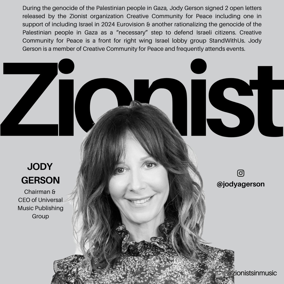 zionistsinmusic's tweet image. When you listen to artists like @sza, Bad Bunny, or @theweeknd, you&apos;re giving money to Zionists. Jody Gerson is the Chairman &amp;amp; CEO of Universal Music Publishing Group (@UMPG) and supports Israel.