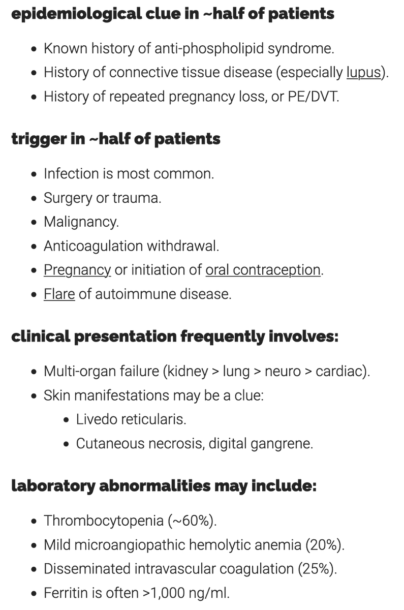 USMLEStepStudy's tweet photo. Catastrophic AntiPhospholipid Syndrome (CAPS) - antiphospholipid antibodies bind to cell surfaces (1st event), activate endothelial cells, monocytes &amp; platelets --> inflammation, complement activation, thrombosis; MC "triggers": infection, cancer, surgery, lupus flare https://t.co/PV2fxcuR5H