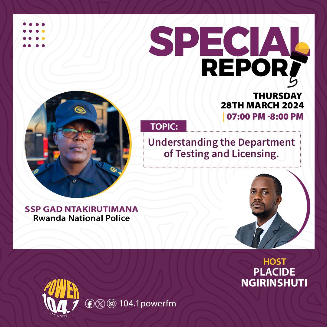 Rev up your understanding of road safety! Tune in to #SpecialReport as @Placide_Nshuti sits down with SSP Gad Ntakirutimana from @Rwandapolice to dissect the testing and licensing process. Live at 7:00pm on 104.1 Power FM. #PowerFm