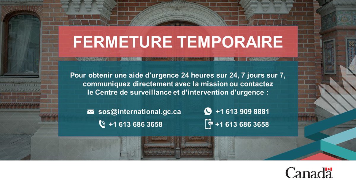 L'Ambassade sera fermée jusqu'au mardi 2 avril pour Pâques. L'aide d'urgence à l'extérieur du Canada est disponible pour les Canadiens 24 heures sur 24, 7 jours sur 7, aux coordonnées ci-dessous ⬇️