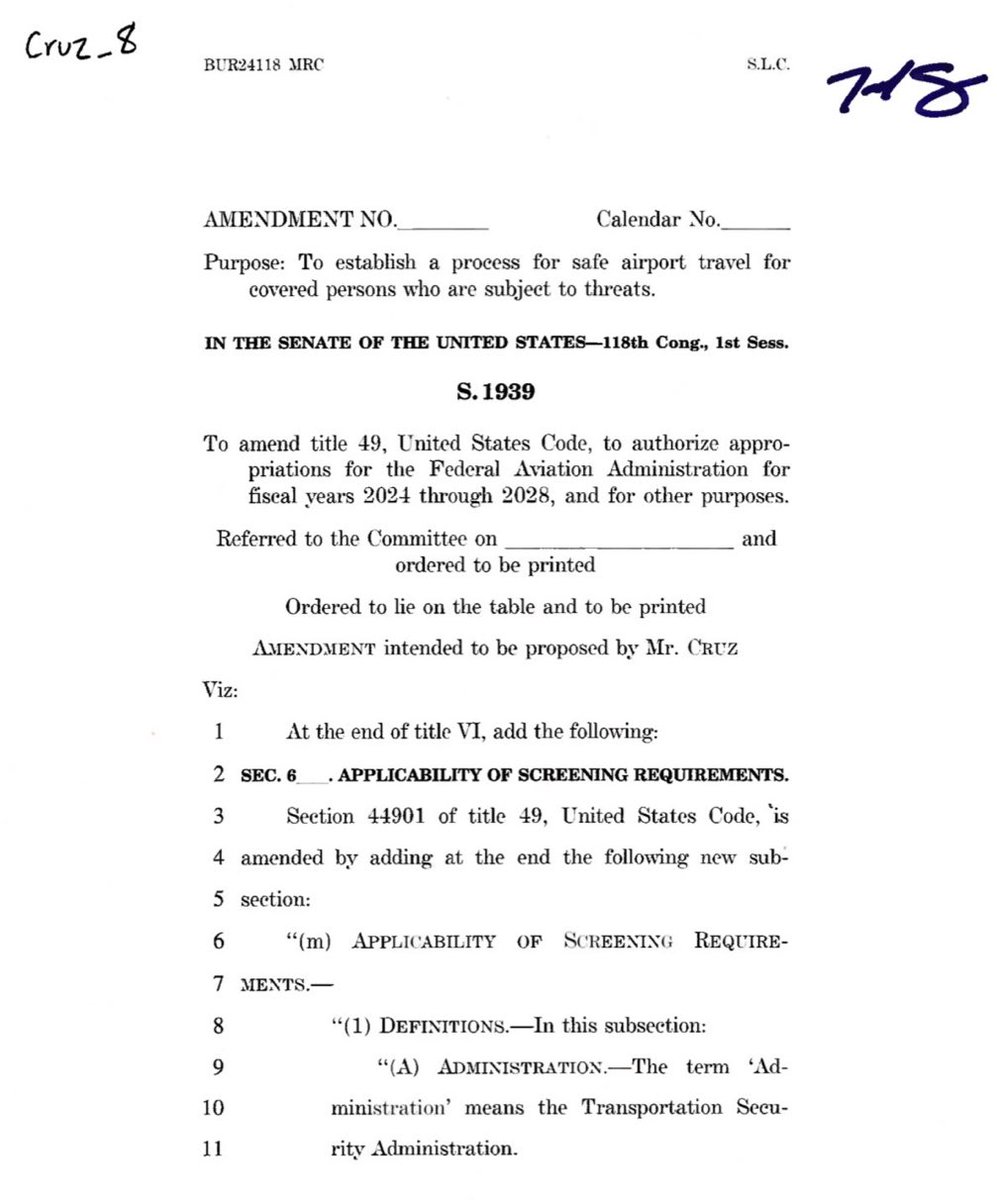 Big underreported story. Ted Cruz wrote an amendment to give lawmakers a police escort through public airports—three years after he was caught fleeing to Cancún. He stuffed it into a must-pass FAA bill that HIS committee (he’s the top Republican) oversees.