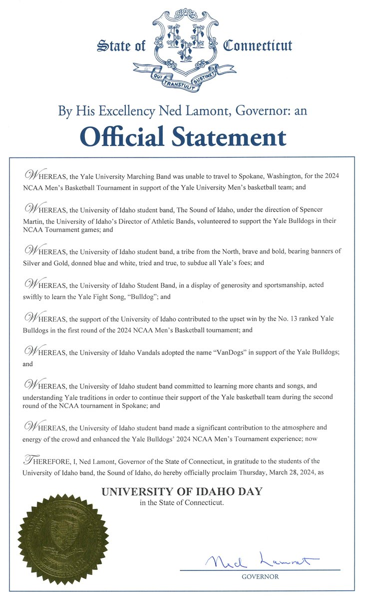 Hey Idaho, Connecticut says thanks! Last week, when the @Yale Marching Band was unable to travel to the NCAA Tournament, the @uidaho band stepped up to support our Bulldogs. In recognition of their sportsmanship, I am proclaiming today as University of Idaho Day in Connecticut.