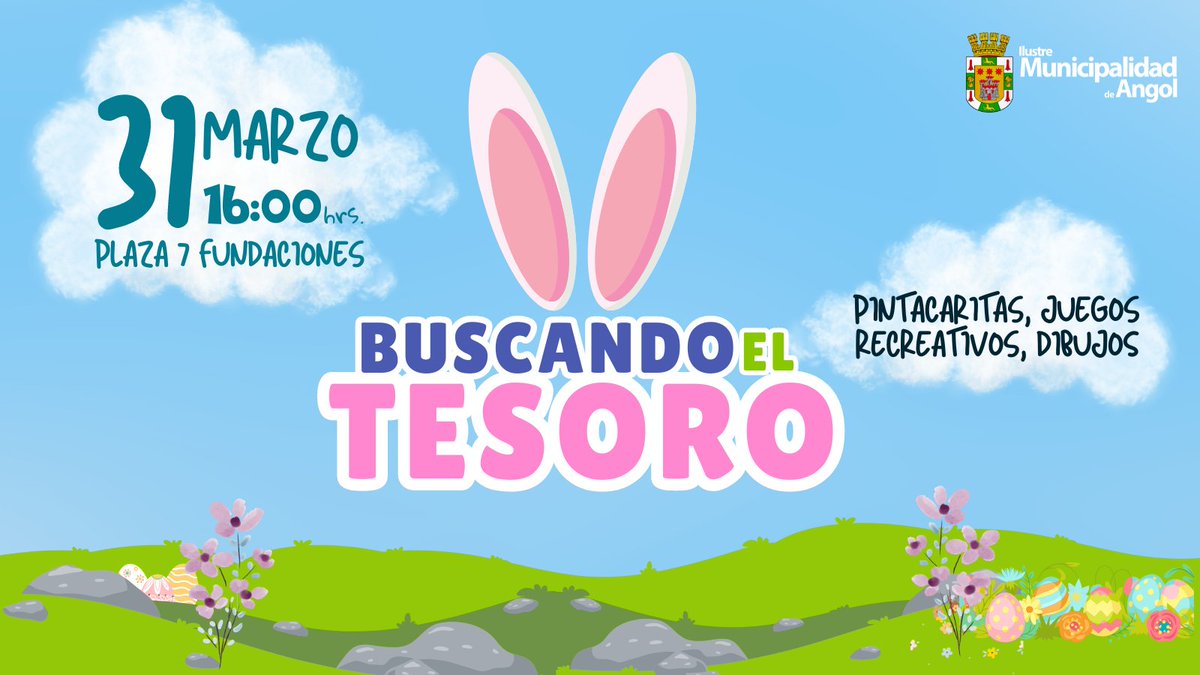 Municipalidad de Angol invita a niños y niñas para este 𝗱𝗼𝗺𝗶𝗻𝗴𝗼 𝟯𝟭 𝗱𝗲 𝗠𝗮𝗿𝘇𝗼 a partir de las 𝟭𝟲:𝟬𝟬 𝗵𝗿𝘀. en la 𝙋𝙡𝙖𝙯𝙖 𝙨𝙞𝙚𝙩𝙚 𝙛𝙪𝙣𝙙𝙖𝙘𝙞𝙤𝙣𝙚𝙨 para participar de "Buscando el Tesoro", contaremos con pintacaritas, juegos recreativos y dibujos!