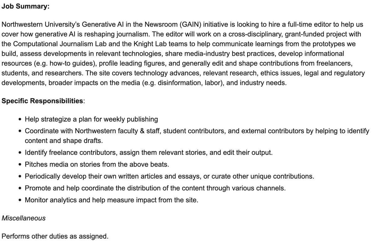 The Generative AI in the Newsroom (GAIN) blog (generative-ai-newsroom.com) is seeking a FT editor! Work with me and @jeremygilbert at @NorthwesternU to cover how generative AI is reshaping journalism. Email questions and apply here: careers.northwestern.edu/psp/hr857prd_e…