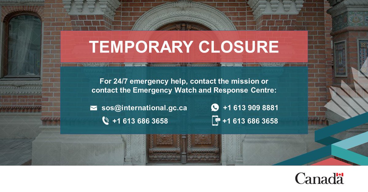 The Embassy will be closed until Tuesday 2 April for Easter. Emergency assistance outside Canada is available to Canadians 24/7 at the contact info below⬇️