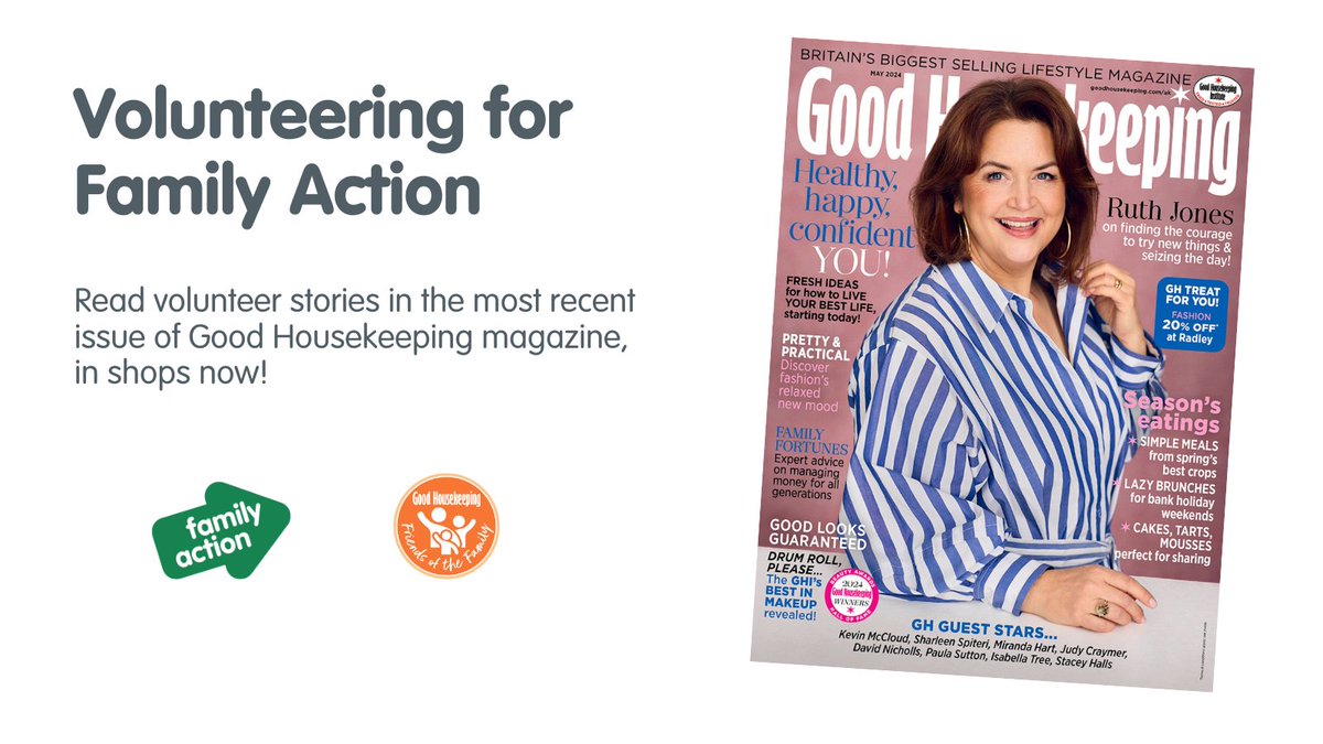 Volunteers have been at the heart of our work since we were established in 1869 ❤️ In their most recent issue, @goodhousemag spoke to three Family Action volunteers about their work supporting families and the joy it brings them in return. Buy your copy, in shops now ✨